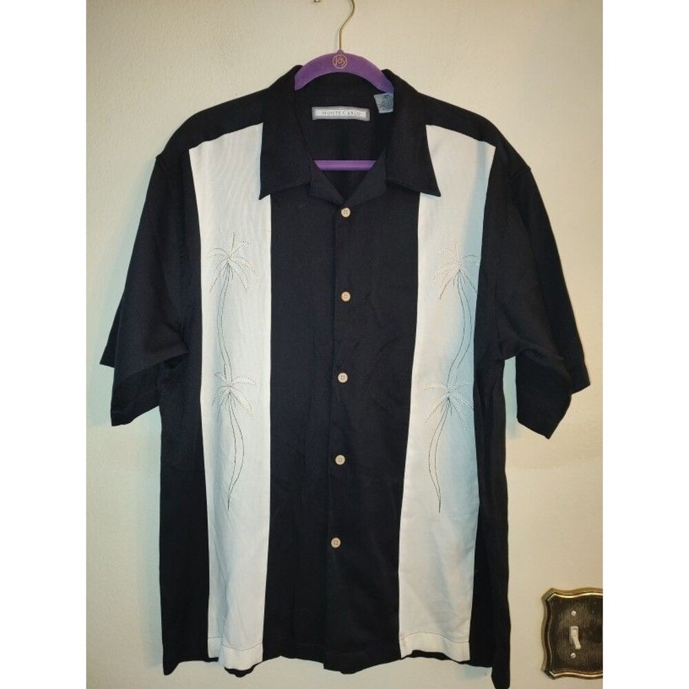 Vtg Men's Monte Carlo Black & White Rayon Poly Guayabera Shirt L ( Size 42 - 44)